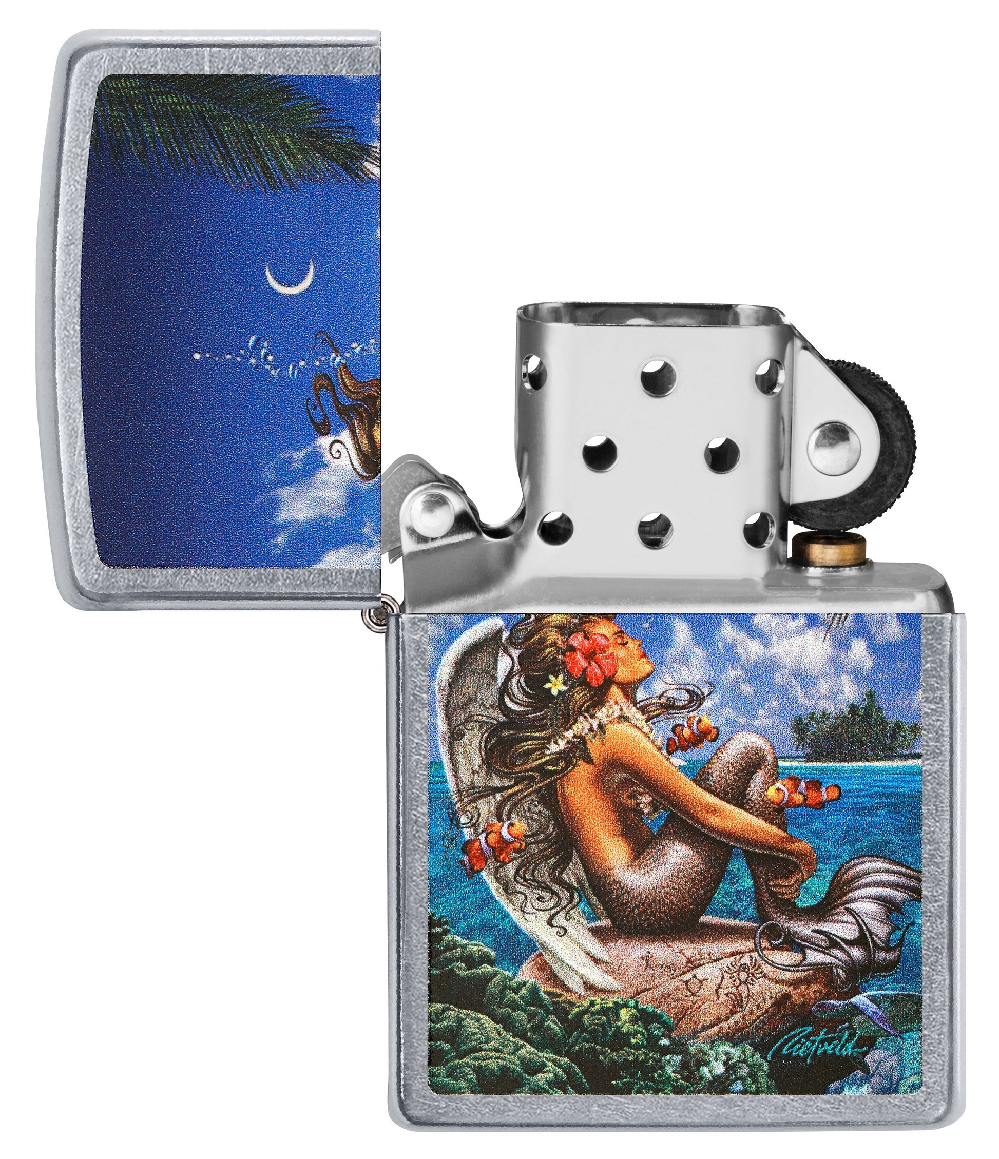 Zippo Aansteker Rick Rietveld Zeemeermin met Engelenvleugels op eiland Alleen online geopend zonder vlam