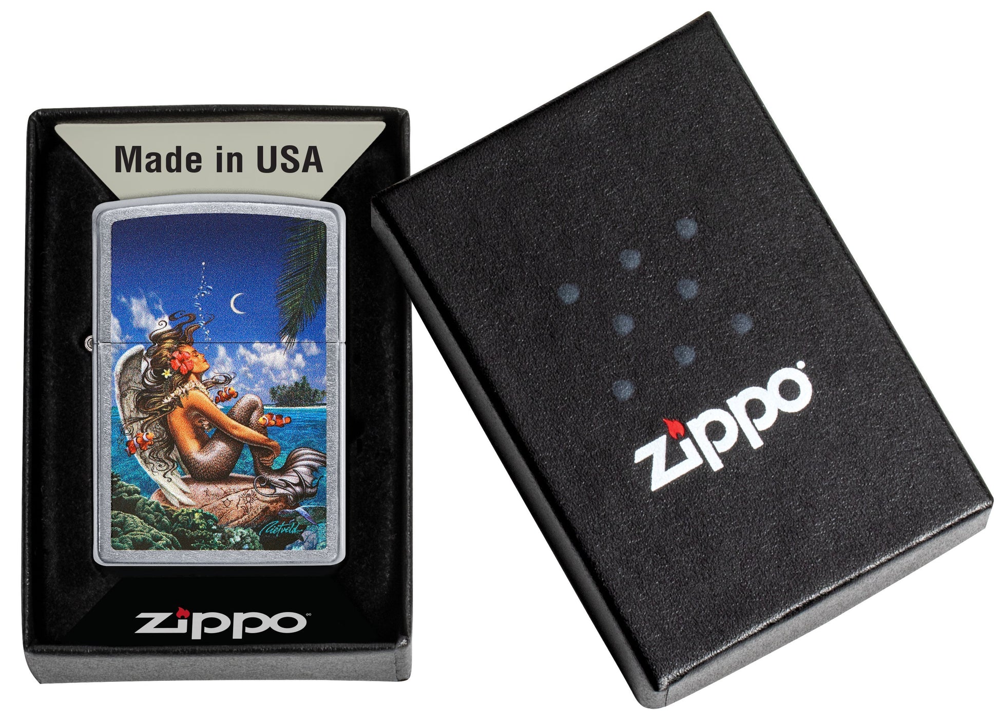 Zippo Aansteker Rick Rietveld Zeemeermin met Engelvleugels op Eiland Alleen online in open geschenkverpakking