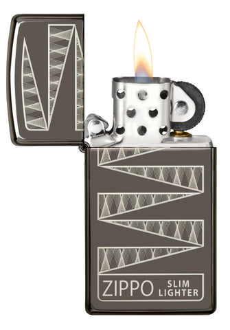 Zippo Aansteker 65 Jaar Slim Black Ice Limited Edition 65e Verjaardag met Gegraveerd Patroon Geopend met Vlam