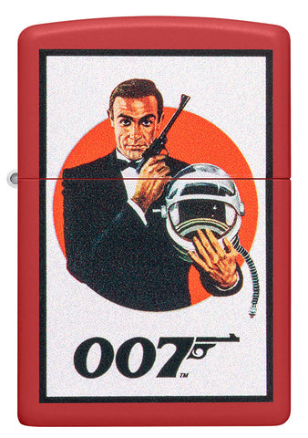 Zippo aansteker vooraanzicht mat rood met James Bond 007™ in een zwart pak en met pistool en astronautenhelm
