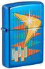Zippo Feuerzeug Frontansicht ¾ Winkel hochglanzblau im Retrostil mit vielen bunten Dreiecken sowie Logo