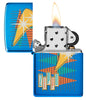 Zippo Feuerzeug hochglanzblau im Retrostil mit vielen bunten Dreiecken sowie Logo geöffnet mit Flamme