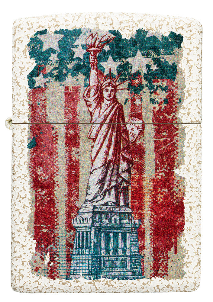 Zippo Feuerzeug Frontansicht Mercury Glass mit farbiger Abbildung der Freiheitsstatue und amerikanische Flagge im Hintergrund