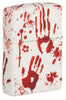 Zippo Feuerzeug Rückansicht ¾ Winkel 540 Grad Design matt weiß mit blutigen Handabdrücken