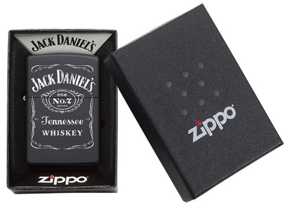 Zippo-aansteker zwart met wit Jack Daniel's-logo in open doos