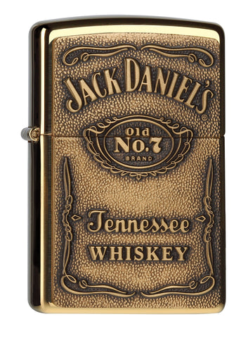 Vooraanzicht 3/4 hoek Zippo-aansteker messing Jack Daniel's-logo embleem