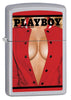 Vooraanzicht 3/4 hoek Zippo aansteker chroom met Playboy cover oktober 2014