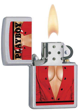 Zippo aansteker chroom met Playboy cover oktober 2014 geopend met vlam