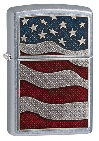 Vooraanzicht Zippo-aansteker chroom met Amerikaanse vlag als embleem