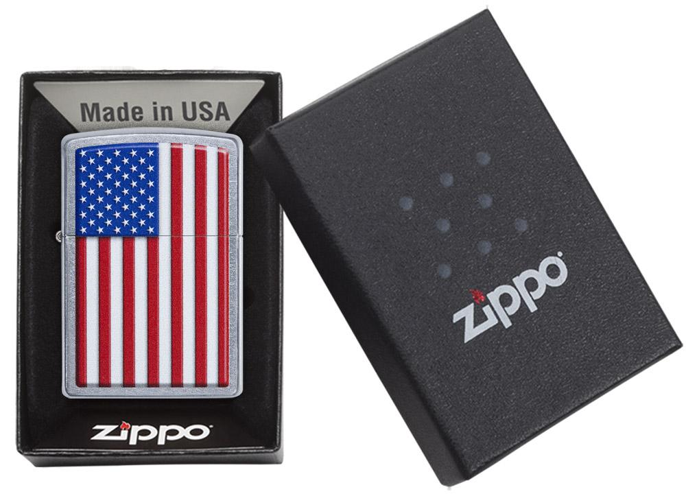 Zippo-aansteker chroom met Amerikaanse vlag in open doos
