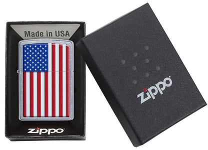 Zippo-aansteker chroom met Amerikaanse vlag in open doos