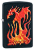 Vooraanzicht Zippo-aansteker draak van rood-gele vlammen met retro Zippo-logo eronder