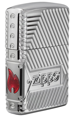 Vooraanzicht 3/4 hoek Zippo-aansteker met diep gegraveerde lijnen en Zippo-logo