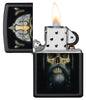 Zippo aansteker zwart Viking doodshoofd met baard en helm geopend met vlam