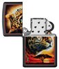  Zippo-aansteker zwart met steppe en luipaardkop op de voorgrond open