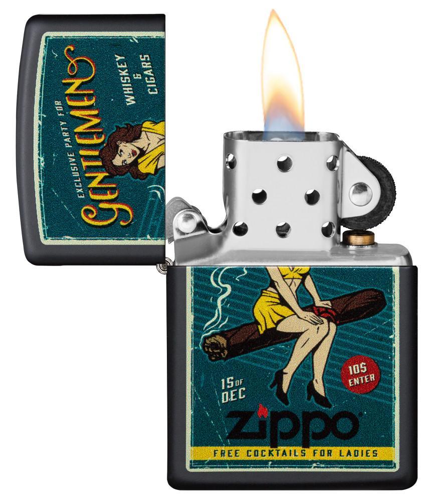 Zippo garantie retro reclame vrouw zittend op sigaar geopend met vlam