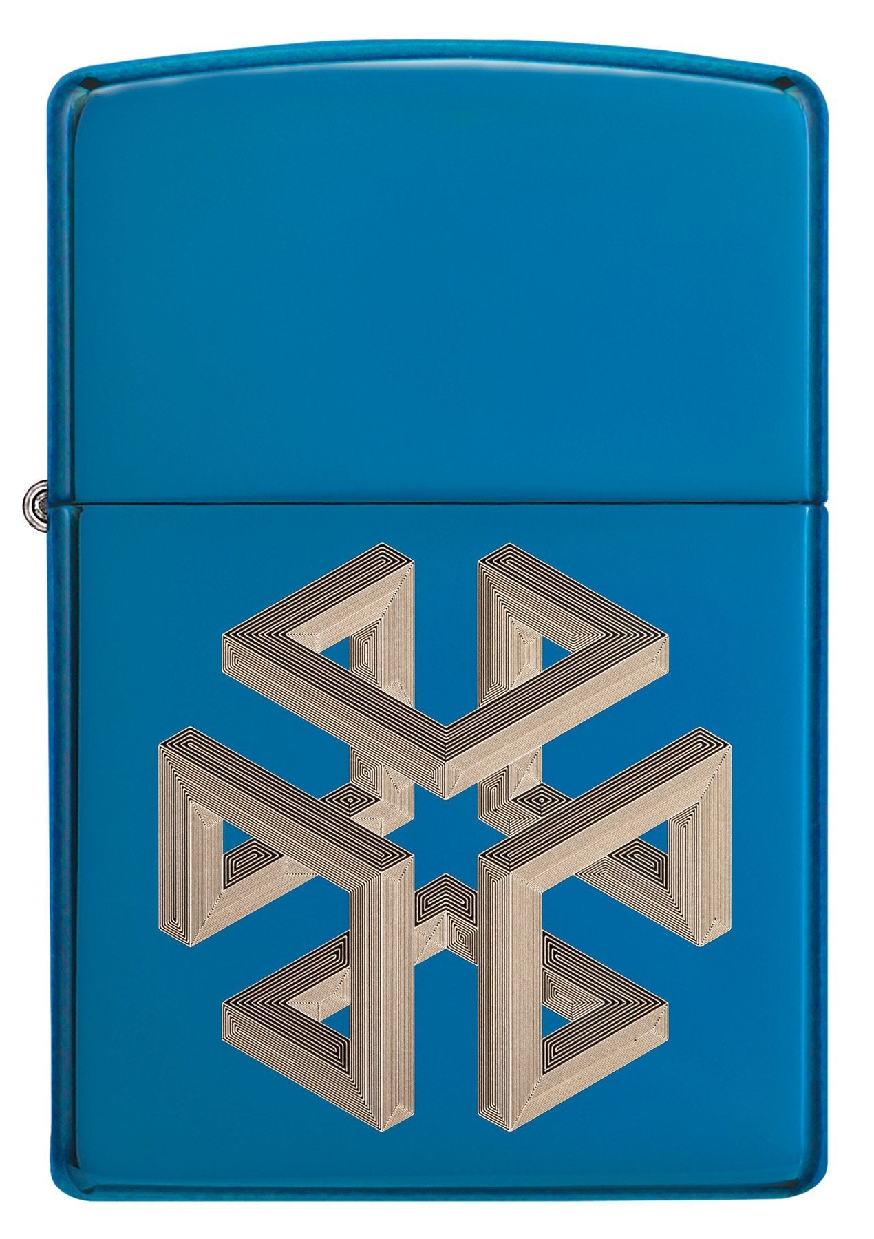 Vooraanzicht Zippo aansteker blauw hoogglans vierkant optische illusie
