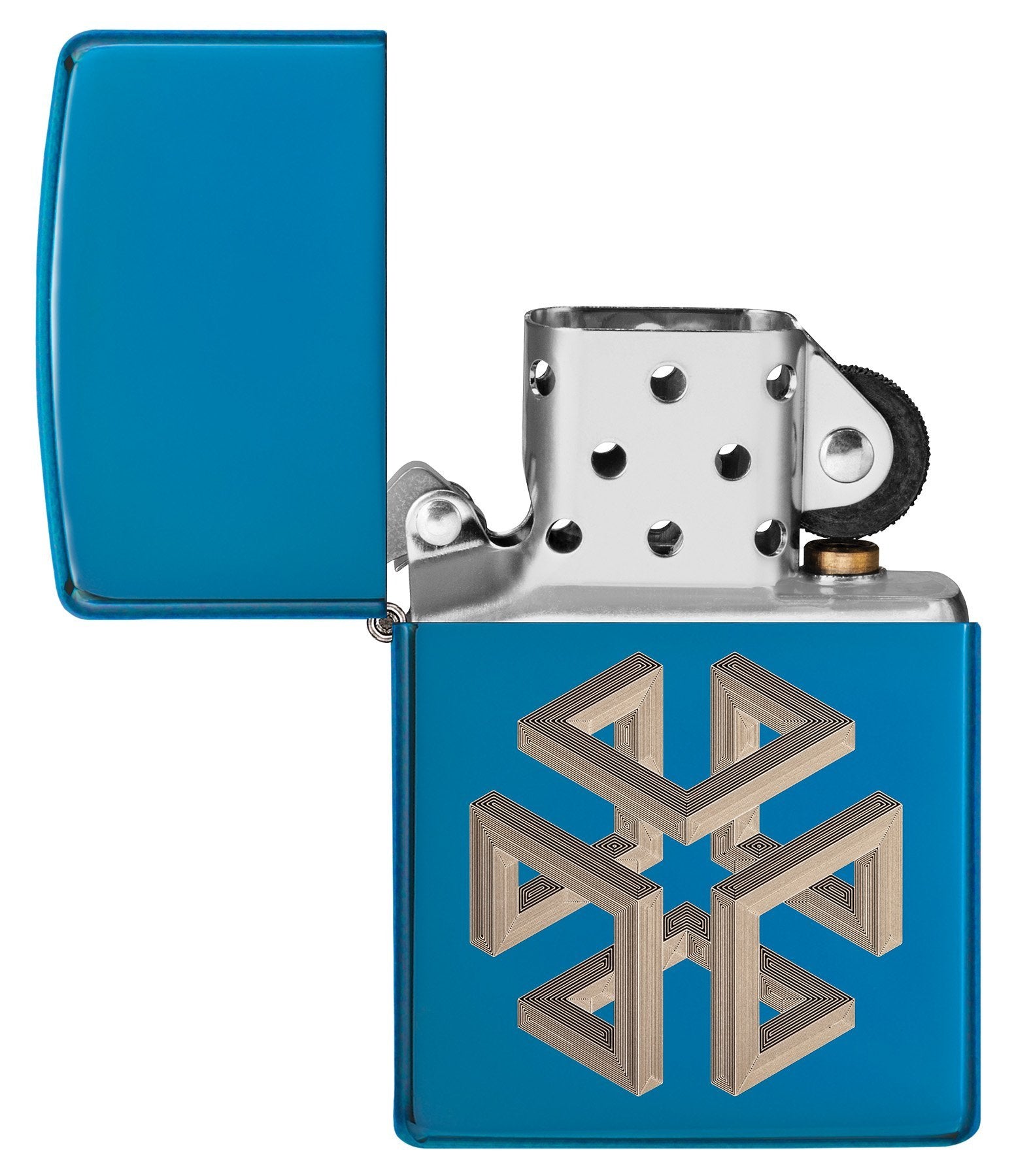 Zippo aansteker blauw hoogglans vierkant optische illusie geopend