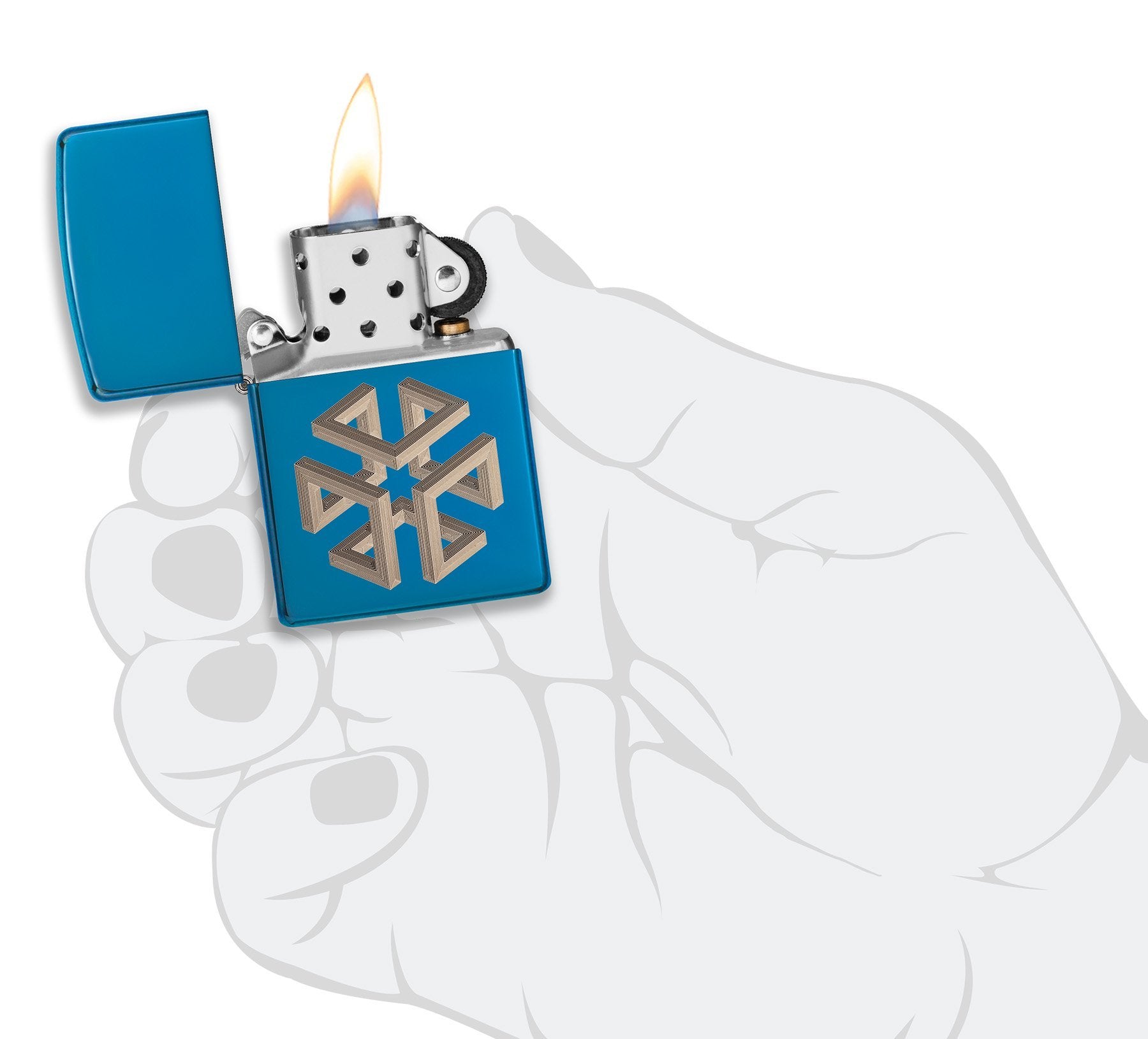 Zippo aansteker blauw hoogglans vierkant optische illusie geopend met vlam
