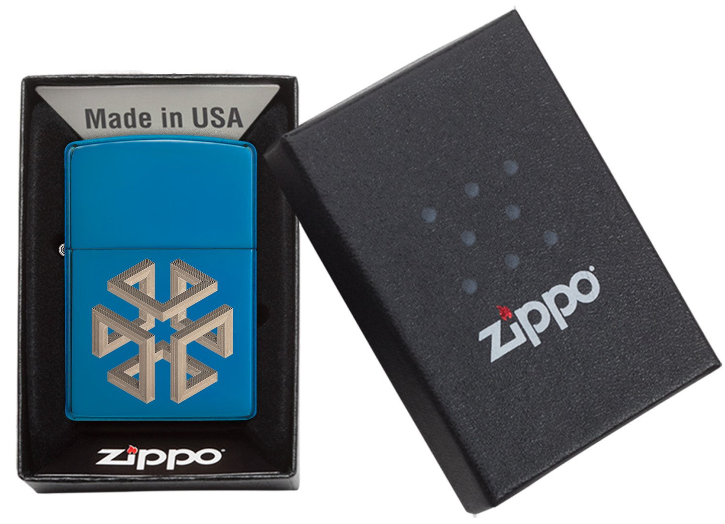Zippo aansteker blauw hoogglans vierkant optische illusie in open doos