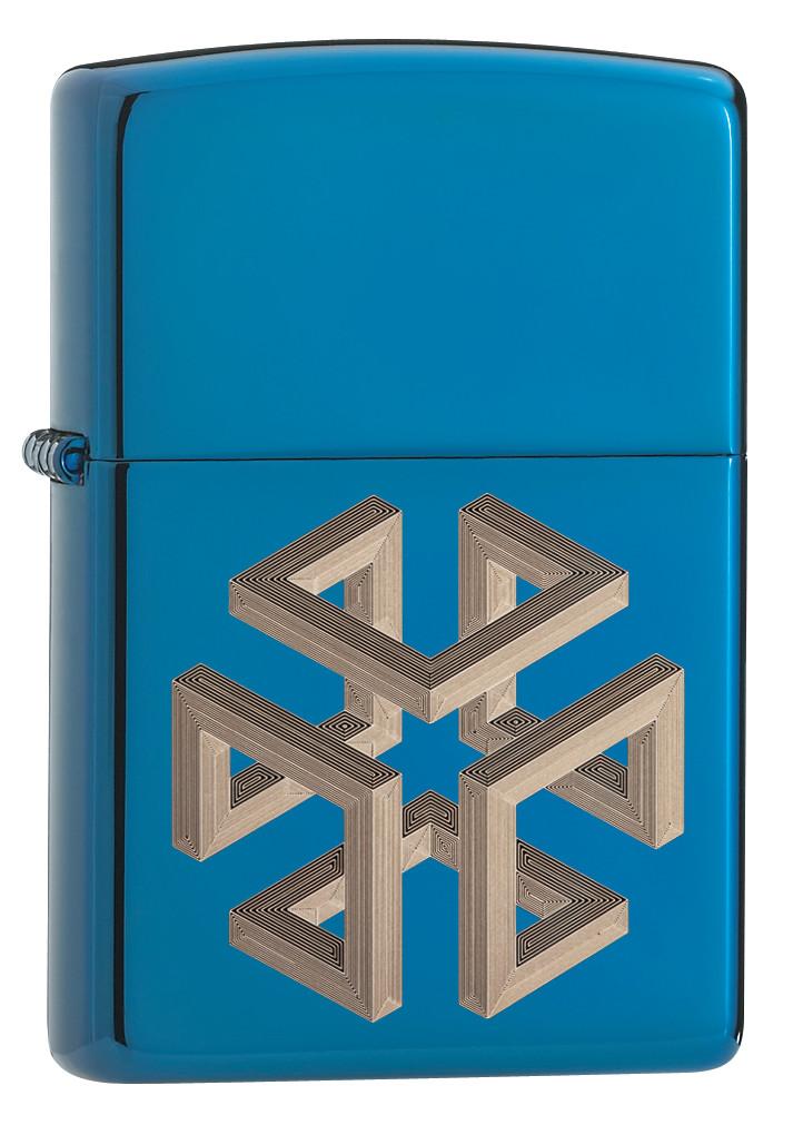 Vooraanzicht 3/4 hoek zippo aansteker blauw hoogglans vierkant optische illusie
