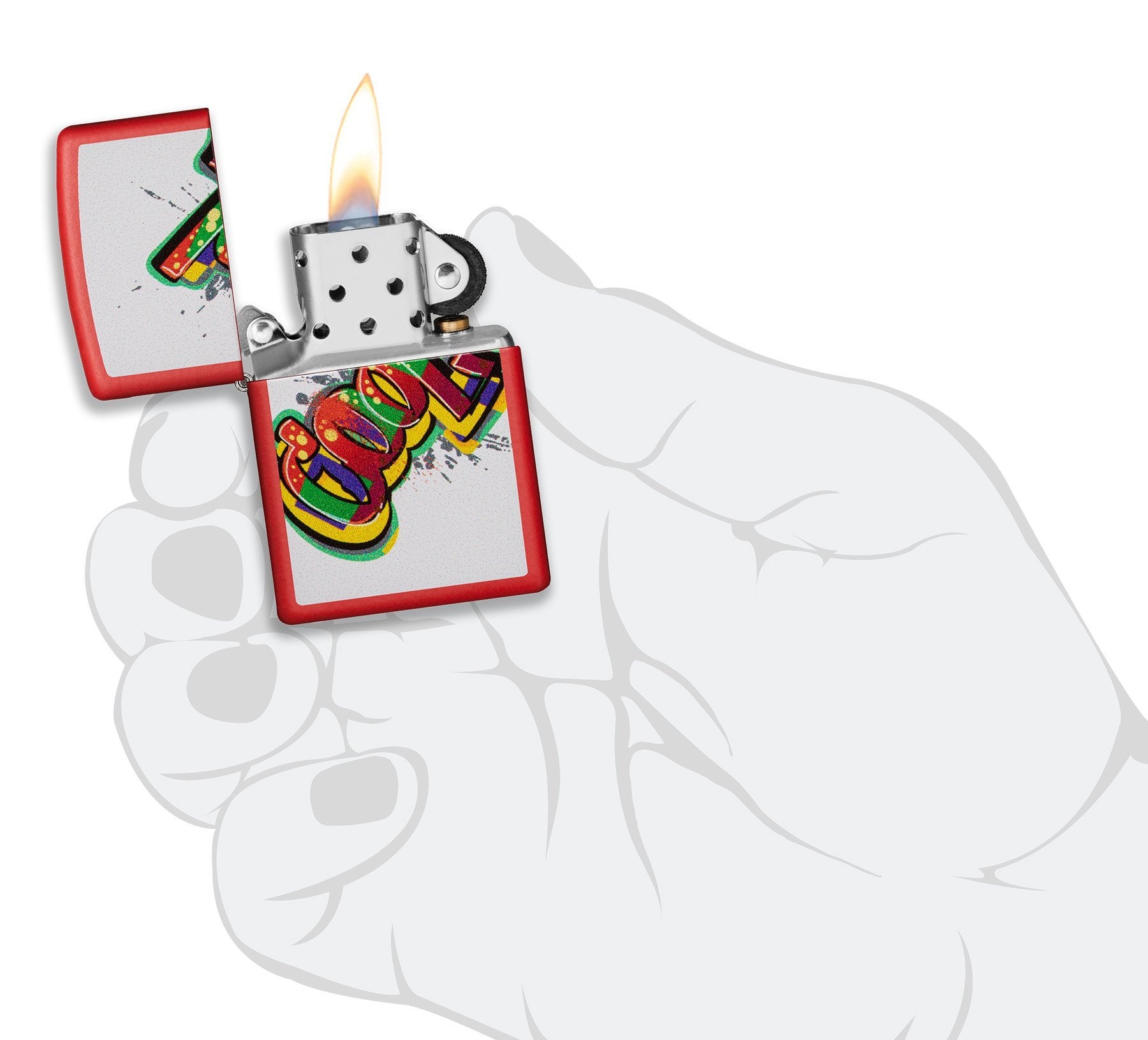 Zippo aansteker met inscriptie Cool kleurrijk geopend met vlam in gestileerde hand