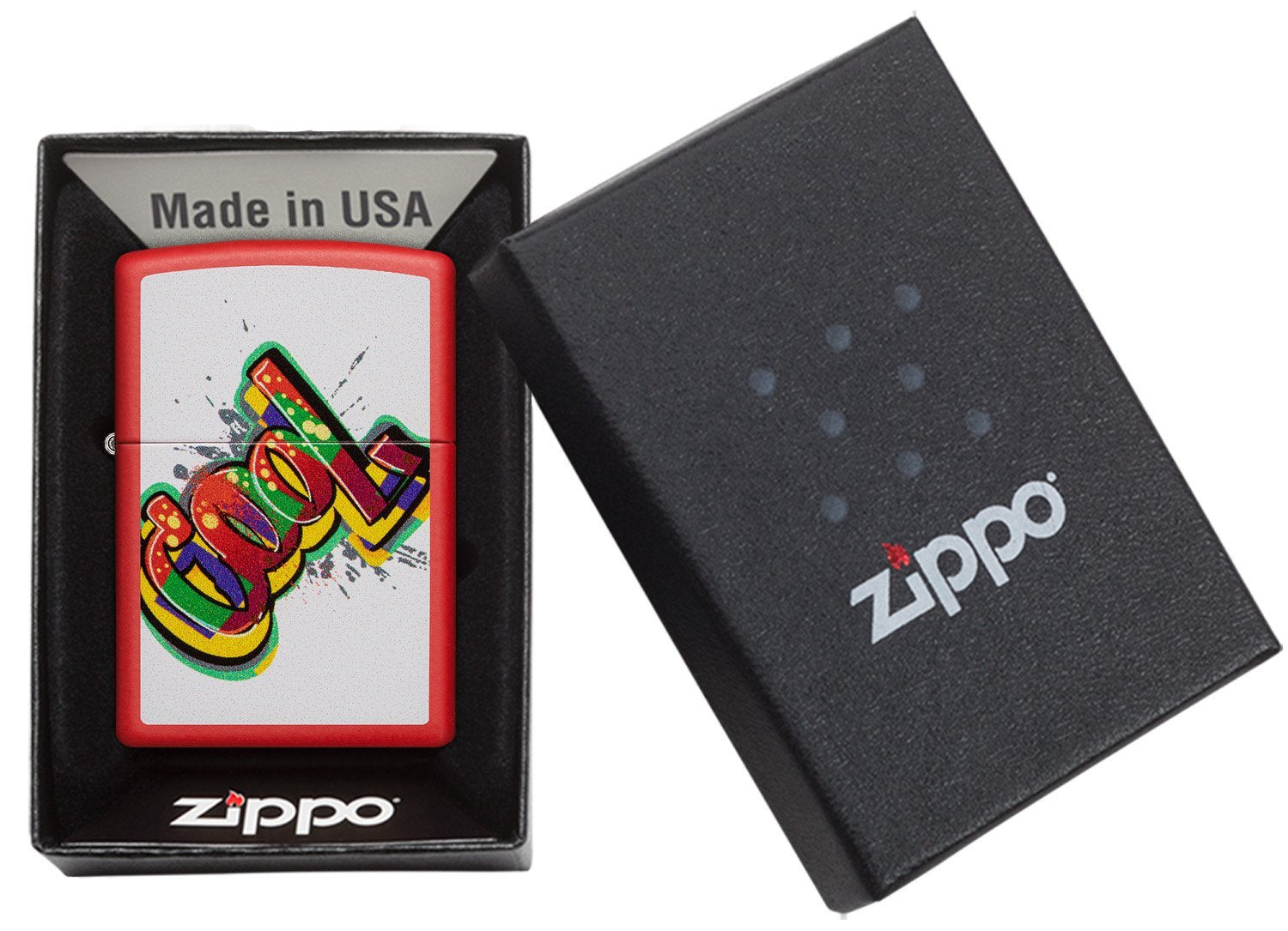 Zippo aansteker met inscriptie Cool kleurrijk in open geschenkdoos