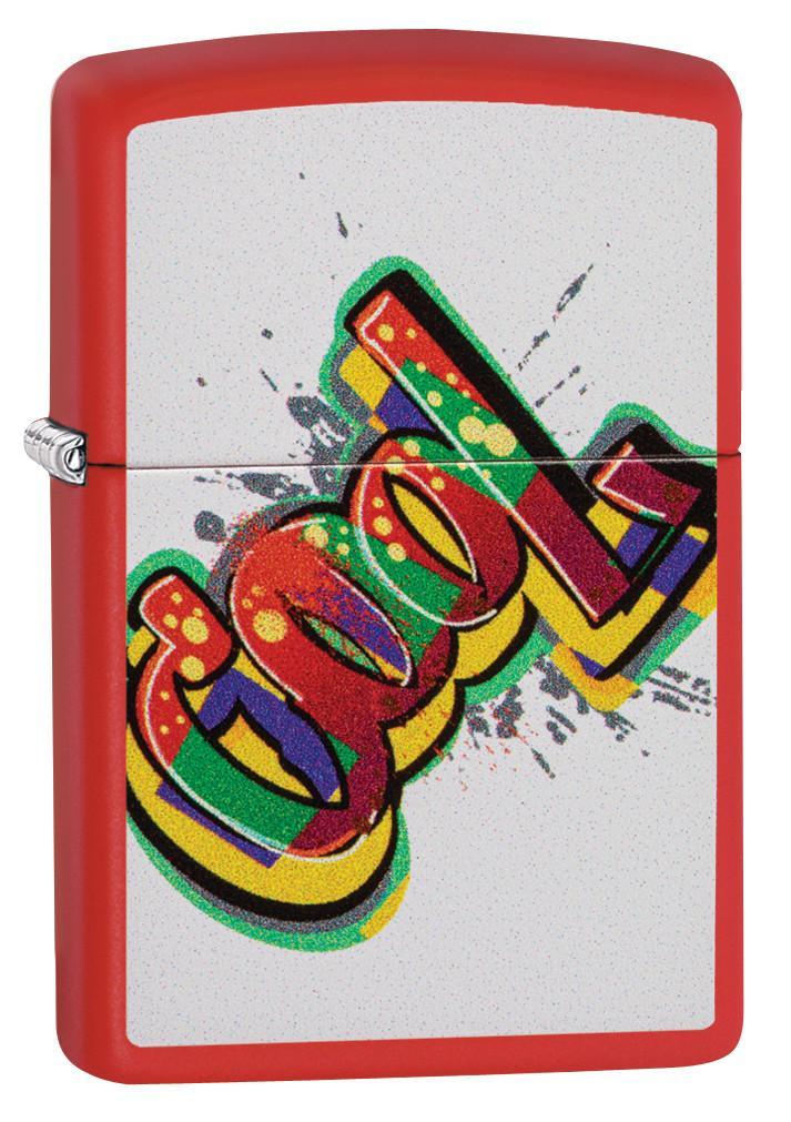 Vooraanzicht 3/4 hoek Zippo aansteker met inscriptie Cool kleurrijk