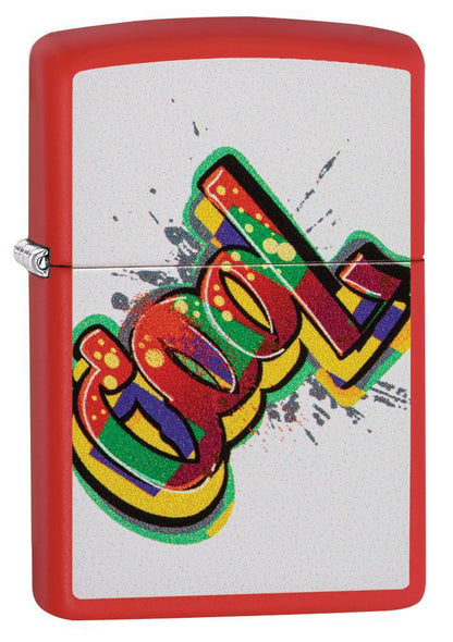 Vooraanzicht 3/4 hoek Zippo aansteker met inscriptie Cool kleurrijk