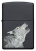 Vooraanzicht 3/4 hoek Zippo aansteker zwart met grijze wolf samengesteld uit geometrische driehoeken