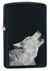 Vooraanzicht 3/4 hoek Zippo aansteker zwart met grijze wolf samengesteld uit geometrische driehoeken