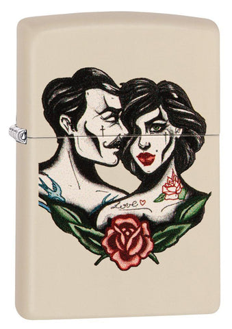 Vooraanzicht 3/4 hoek Zippo-aansteker Cream Matte met man en vrouw in tattoostijl 