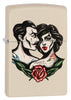 Vooraanzicht 3/4 hoek Zippo-aansteker Cream Matte met man en vrouw in tattoostijl 