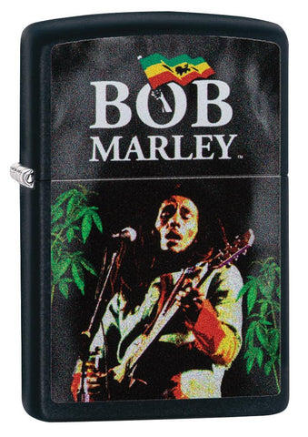 Vooraanzicht 3/4 hoek Zippo-aansteker zwart Bob Marley met gitaar