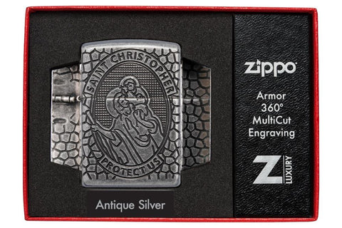 Zippo-aansteker chroom antiek Sint-Christoffel diep gegraveerd in open luxe doos