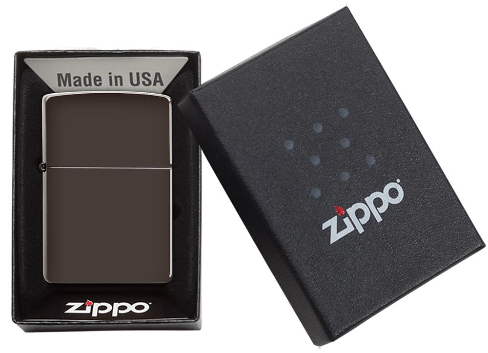 Zippo-aansteker bruin mat met Zippo-logo in open doos