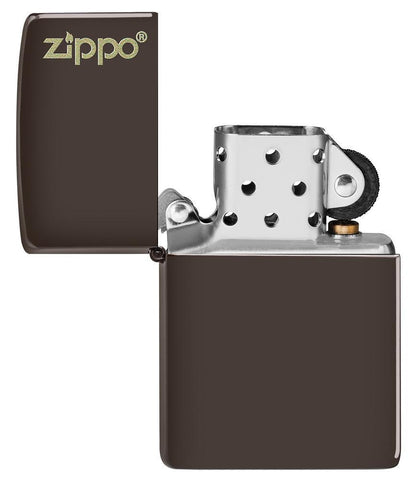 Zippo-aansteker bruin mat met Zippo-logo open