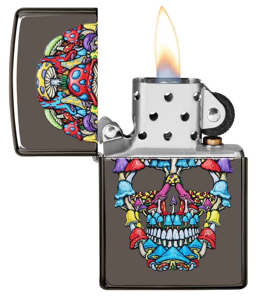 Zippo-aansteker grijs kleurrijke schedel open met vlam