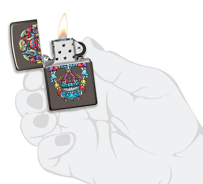 Zippo-aansteker grijs kleurrijke schedel open met vlam in handpalm