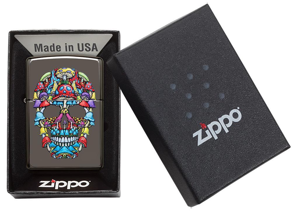 Zippo-aansteker grijs kleurrijke schedel in open doos