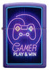 Vooraanzicht  Zippo-aansteker paars met controller en het opschrift Play & Win