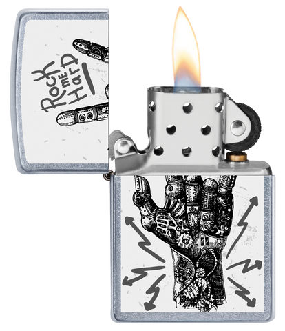 Vue de face du briquet tempête Zippo Rock Hand Design ouvert, avec flamme