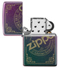 Vooraanzicht Zippo-aansteker Iridescent Matte met Zippo-logostempel als lasergravure open