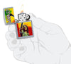Zippo-aansteker chroom Bob Marley met opgeheven vuist open met vlam in handpalm