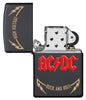 Vooraanzicht Zippo-aansteker AC/DC Cover Black Matte, High Voltage Rock and Roll-logo open