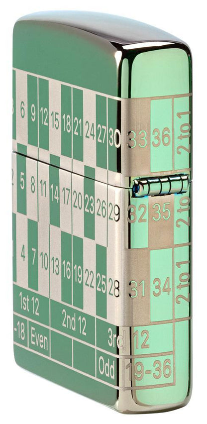 Zijaanzicht achterkant Zippo-aansteker High Polish Green met roulettetafel