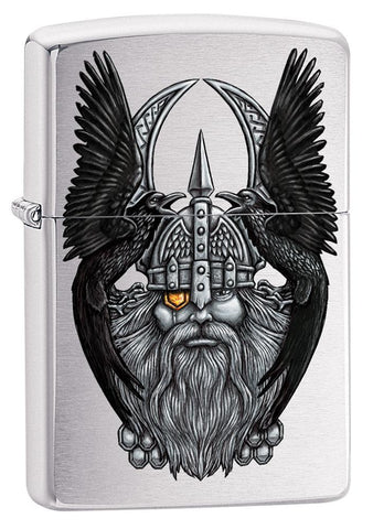 Zippo-aansteker Vooraanzicht 3/4 hoek geborsteld chroom met hoofd van vader van de goden Odin