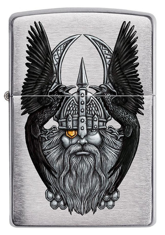 Vooraanzicht Zippo-aansteker geborsteld chroom met hoofd van vader van de goden Odin