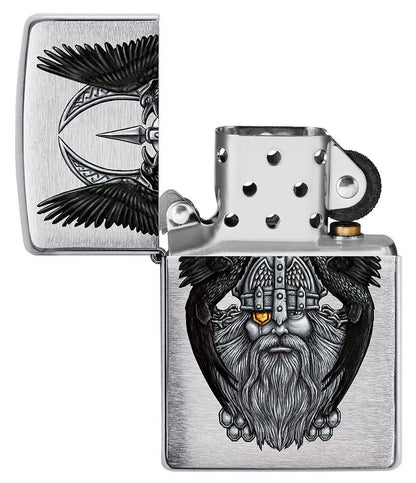 Vooraanzicht Zippo-aansteker geborsteld chroom met hoofd van vader van de goden Odin open
