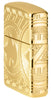 Zippo-aansteker zijaanzicht muntontwerp toont de Zippo-vlam op een munt met cirkelbogen in diepe gravure